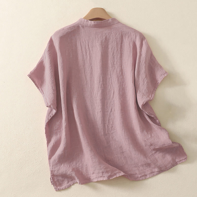 Summer Plain Red Buttons Short Sleeve Women's Shirt