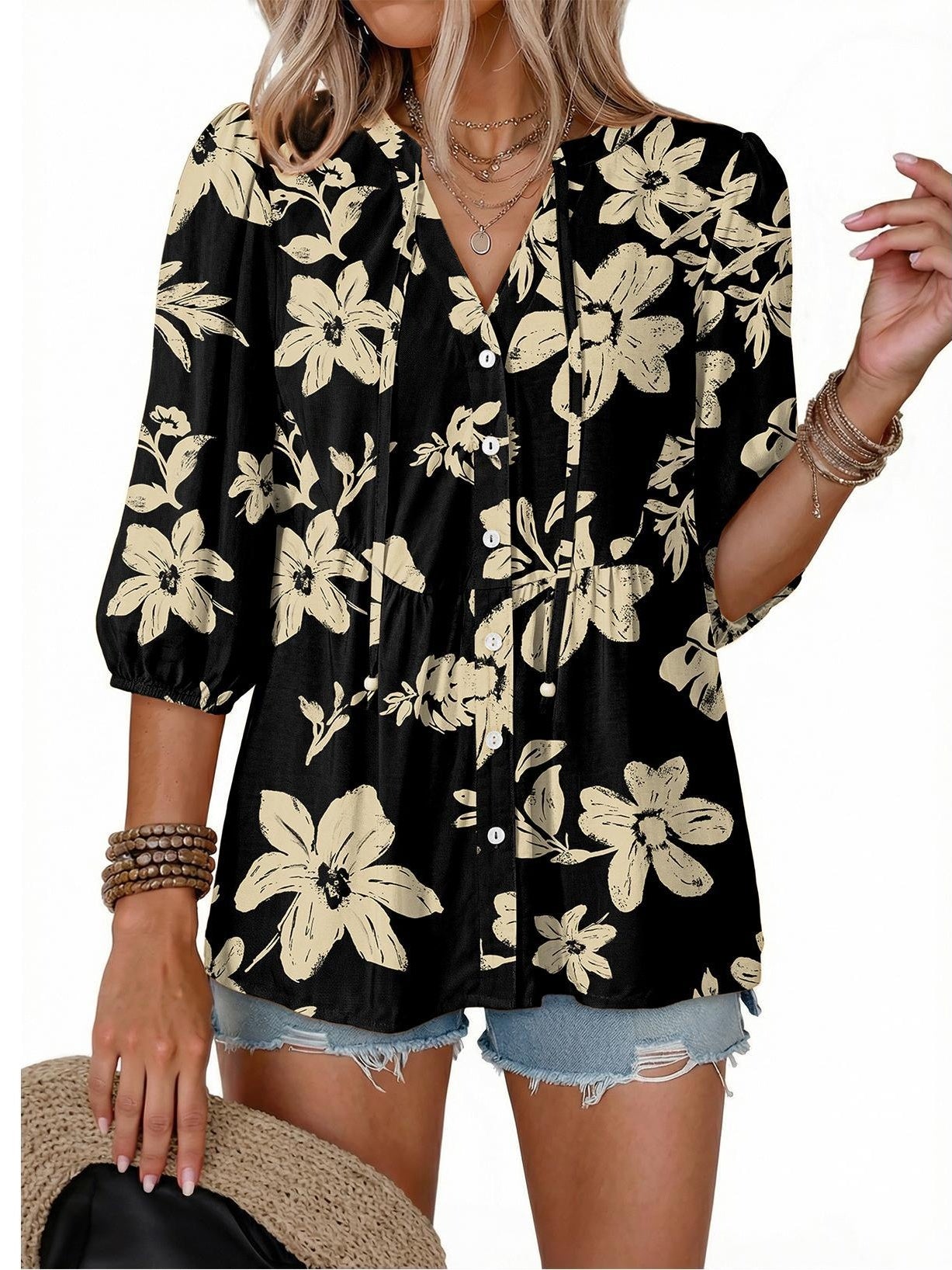 ⏰Hot Sale-Women's Boho Floral V-Neck Button-Down Peplum Blouse