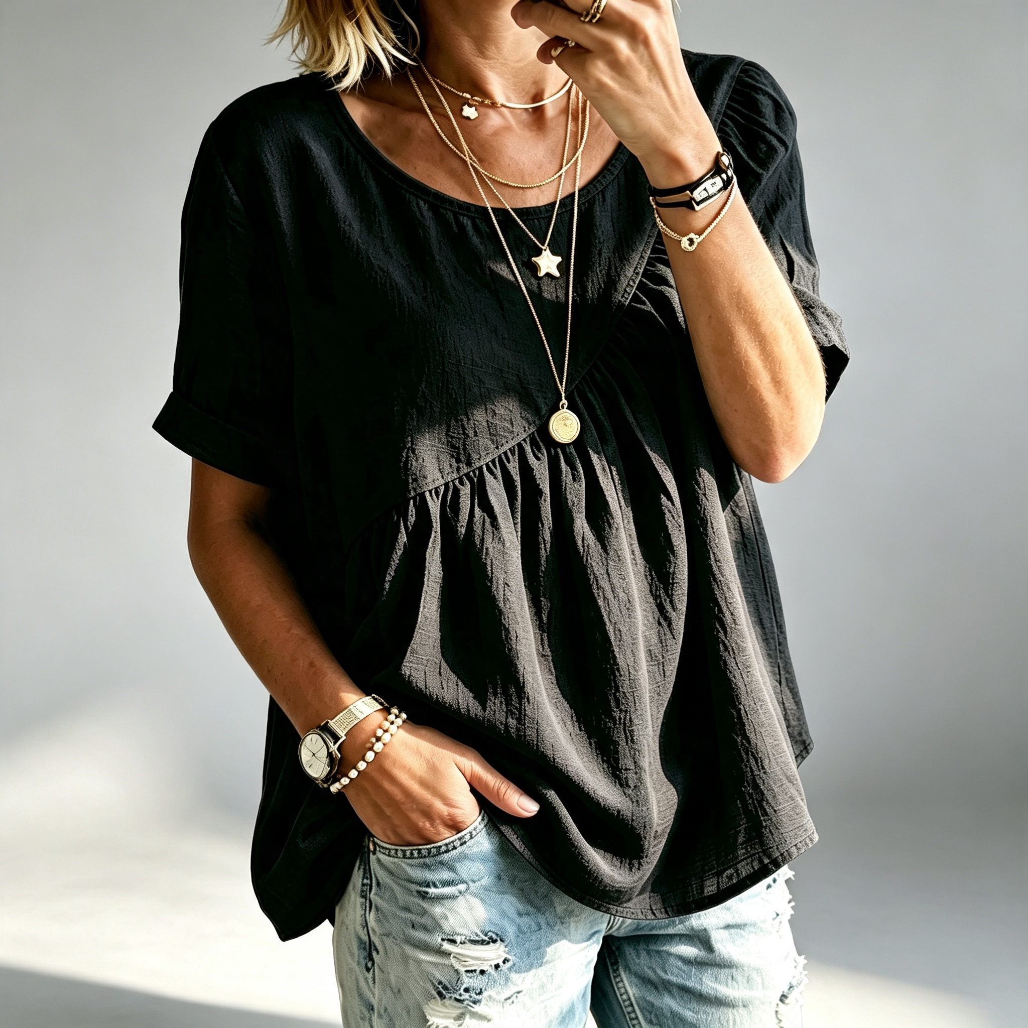 Women's Round Neck Cotton Linen Solid Color Loose Short-sleeved Shirt