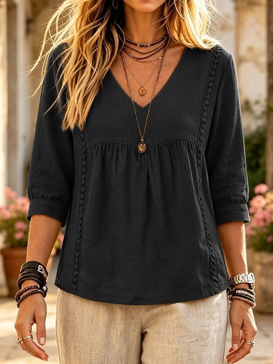 New Arrivals🔥Women's V Neck Lace Trim Babydoll Blouse