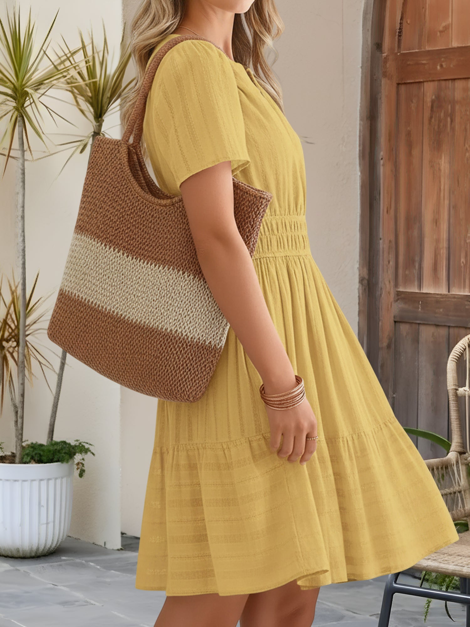 🔥Last Day 50% OFF 🌸-Cotton Notch Neck Puff Sleeve A-Line Tiered Dress