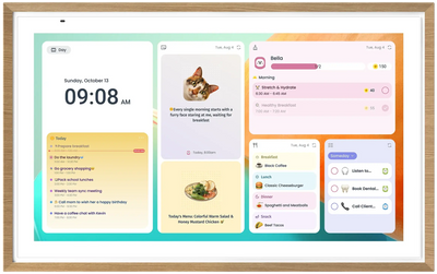 A wall-mounted Digital Calendar display showing a daily schedule, sticky notes, meal plans, routines, and to-do lists for the family.