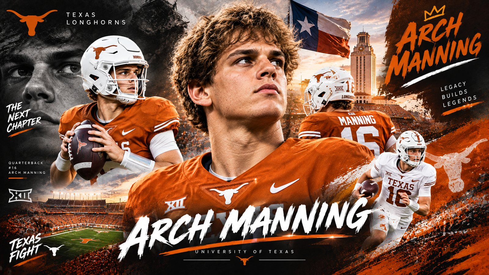 Arch Manning Texas Longhorns orange player card design