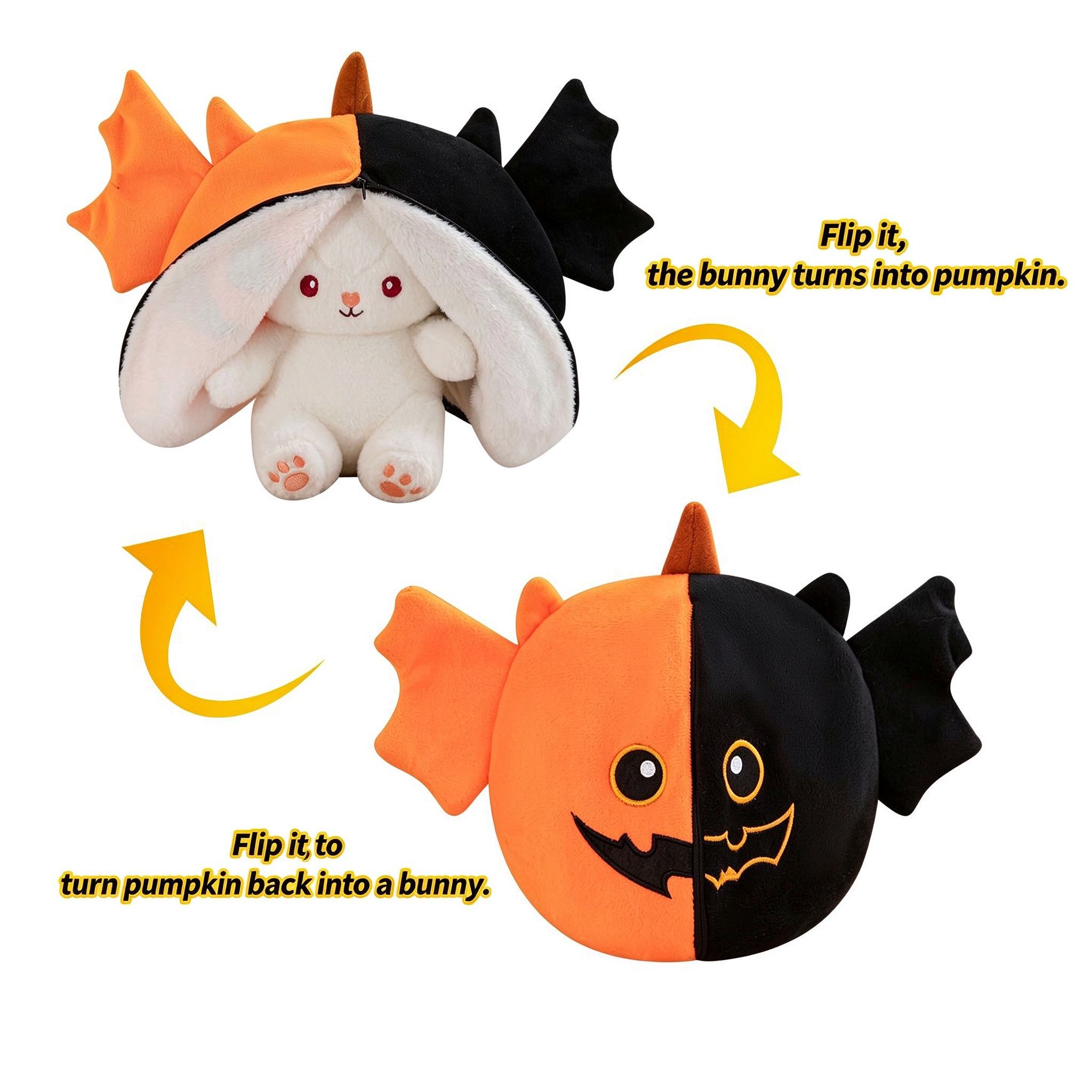 Transforming pumpkin bunny plush - zip open to reveal a white bunny