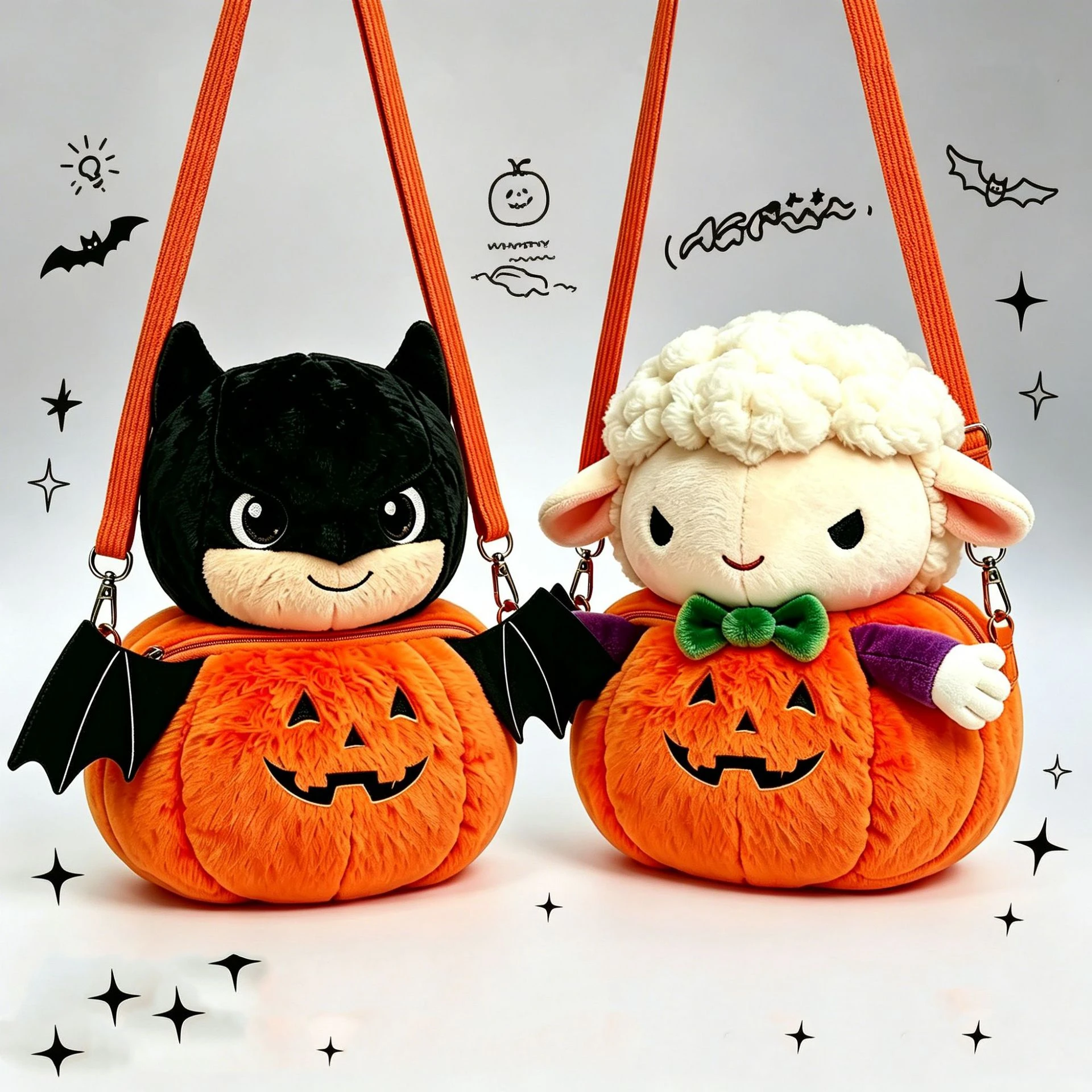 Halloween Pumpkin Plush Crossbody Bag - Bat and Lamb