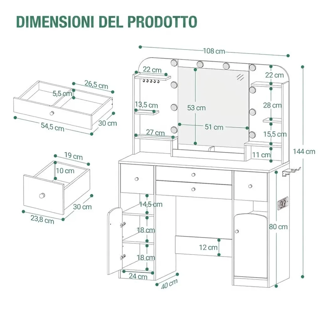 Questo mobile da bagno è dotato di luce a LED, presa di corrente e supporto per asciugacapelli; vanta un ampio piano di lavoro di 108 cm e due grandi cassetti con scomparti per riporre i gioielli.
