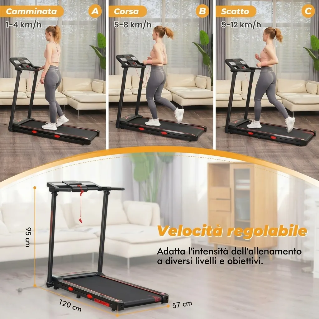 Bluetooth integrato per ascoltare musica mentre corri Tapis roulant pieghevole per uso domestico｜Altoparlante Bluetooth｜Inclinabile Velocità regolabile fino a 12 km/h｜Display LED con supporto per tablet｜Portata massima 150 kg