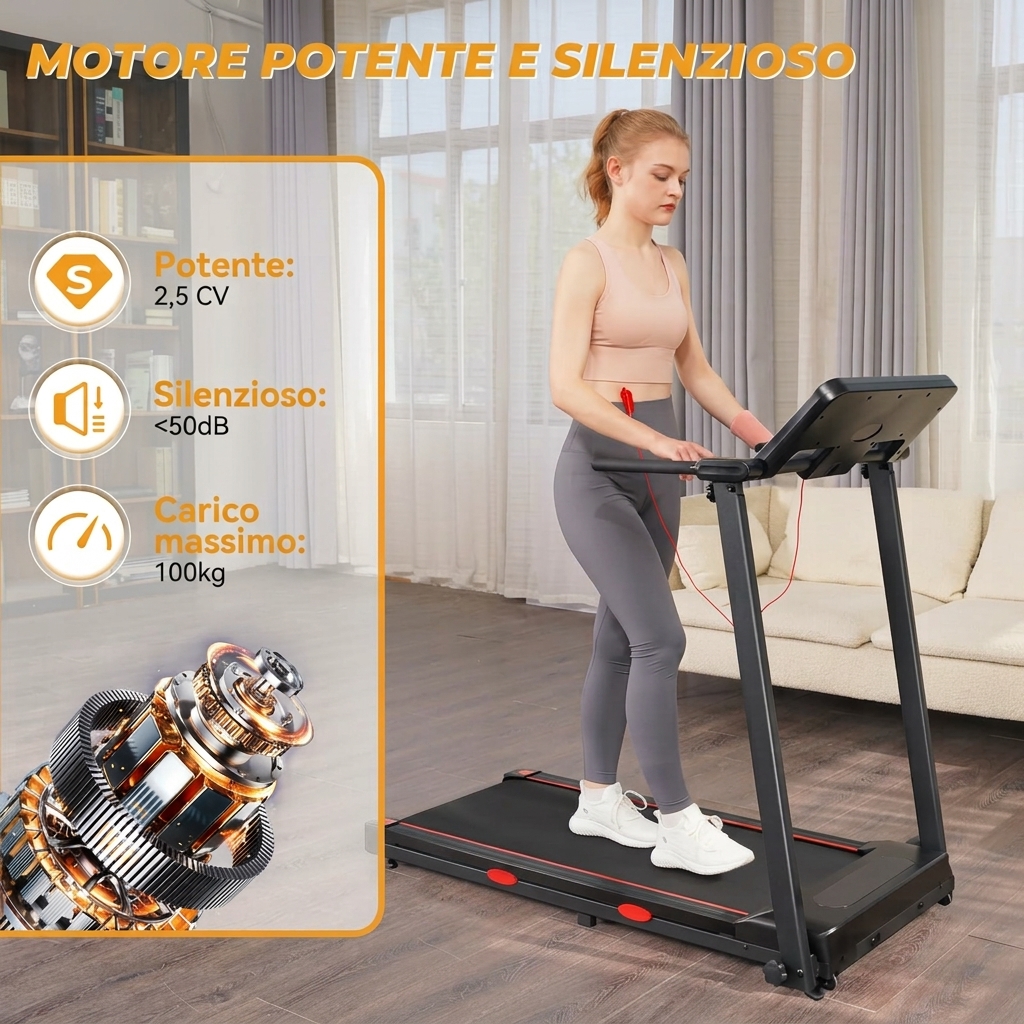 Bluetooth integrato per ascoltare musica mentre corri Tapis roulant pieghevole per uso domestico｜Altoparlante Bluetooth｜Inclinabile Velocità regolabile fino a 12 km/h｜Display LED con supporto per tablet｜Portata massima 150 kg