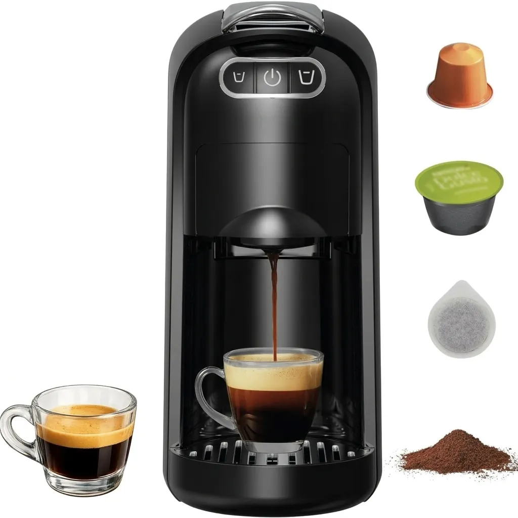 Questa macchina per caffè espresso multifunzione ha una pressione di 20 bar ed è compatibile con capsule, dischetti di caffè e caffè macinato. Vanta una potenza di 1400 watt, un serbatoio dell'acqua da 700 ml e permette la preparazione di caffè Ristretto 