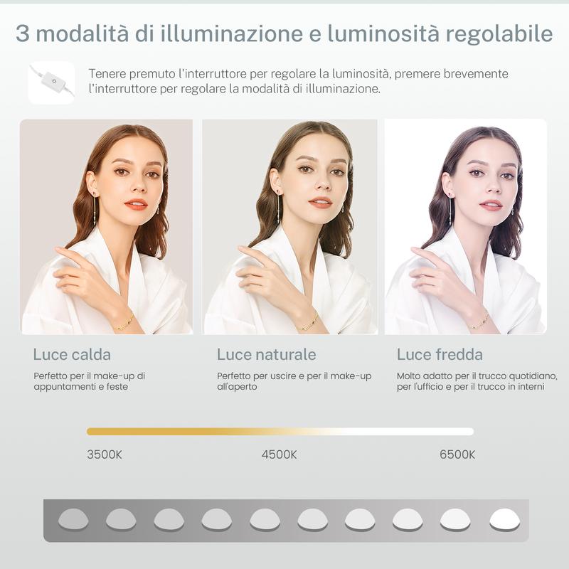 Tavolino da toeletta con specchio e illuminazione, tavolini da trucco dressing tables con presa, tavolino da toeletta con 4 cassetti, 4 ripiani aperti, 5 ganci per gioielli per camera da letto, bianco