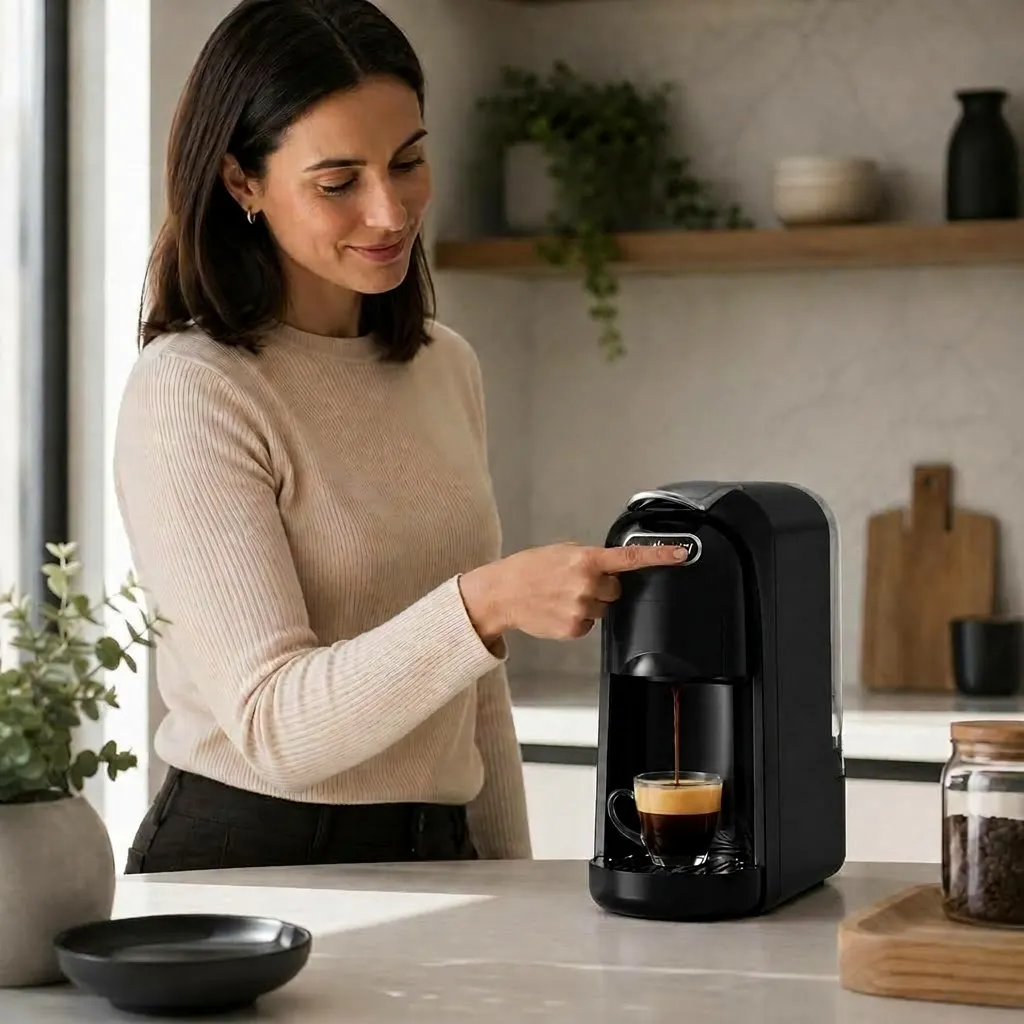 Questa macchina per caffè espresso multifunzione ha una pressione di 20 bar ed è compatibile con capsule, dischetti di caffè e caffè macinato. Vanta una potenza di 1400 watt, un serbatoio dell'acqua da 700 ml e permette la preparazione di caffè Ristretto 