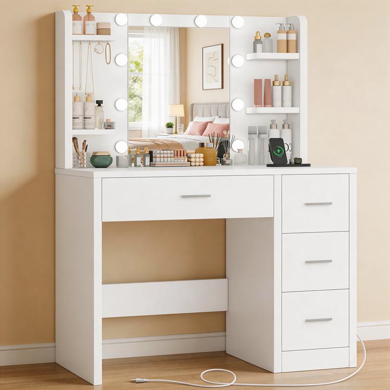 Tavolino da toeletta con specchio e illuminazione, tavolini da trucco dressing tables con presa, tavolino da toeletta con 4 cassetti, 4 ripiani aperti, 5 ganci per gioielli per camera da letto, bianco