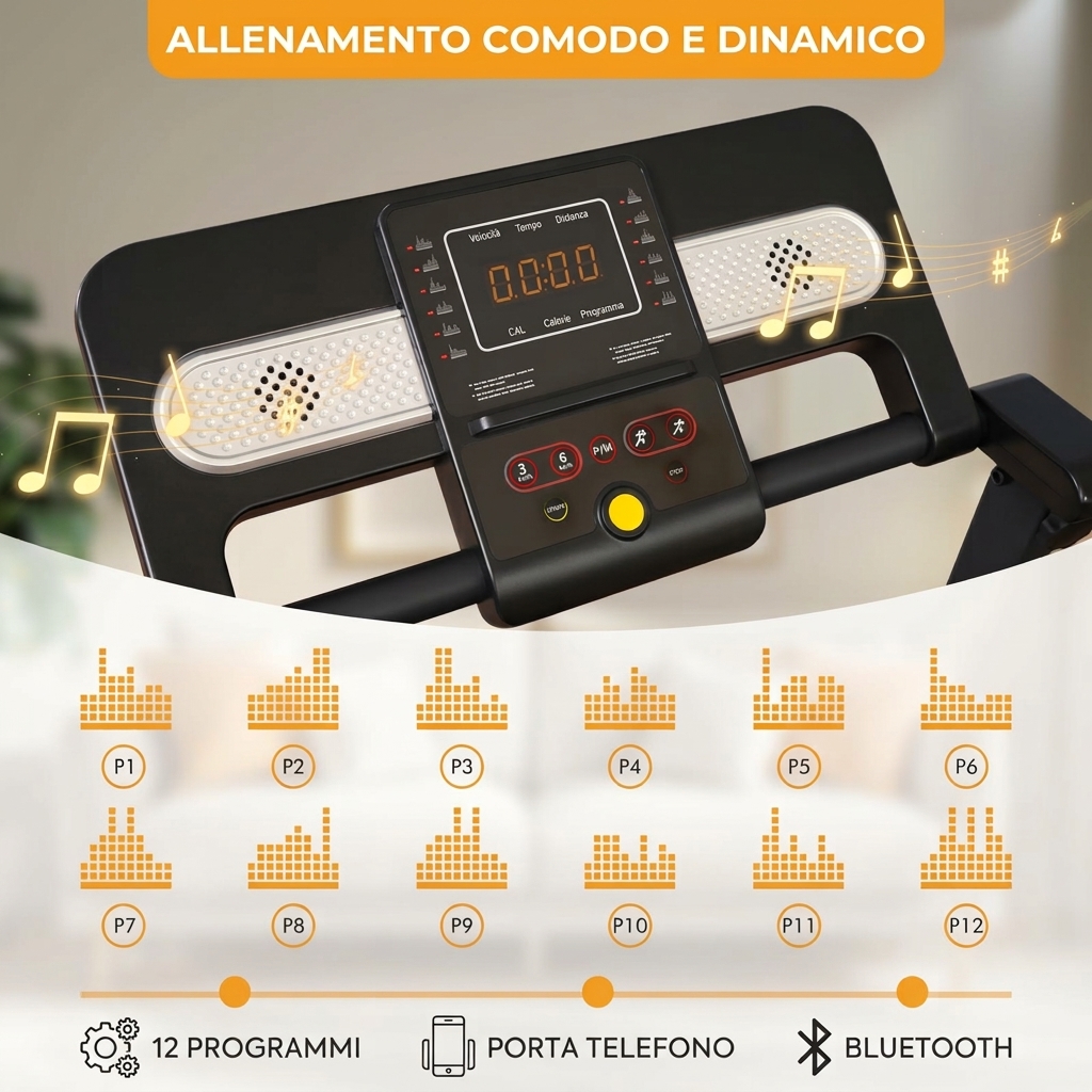 Bluetooth integrato per ascoltare musica mentre corri Tapis roulant pieghevole per uso domestico｜Altoparlante Bluetooth｜Inclinabile Velocità regolabile fino a 12 km/h｜Display LED con supporto per tablet｜Portata massima 150 kg