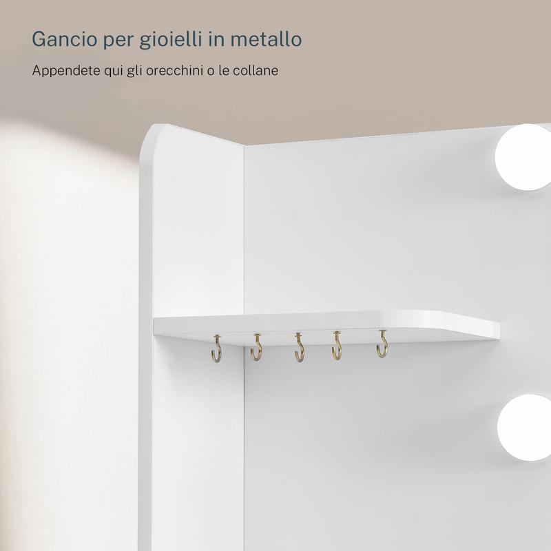 Tavolino da toeletta con specchio e illuminazione, tavolini da trucco dressing tables con presa, tavolino da toeletta con 4 cassetti, 4 ripiani aperti, 5 ganci per gioielli per camera da letto, bianco