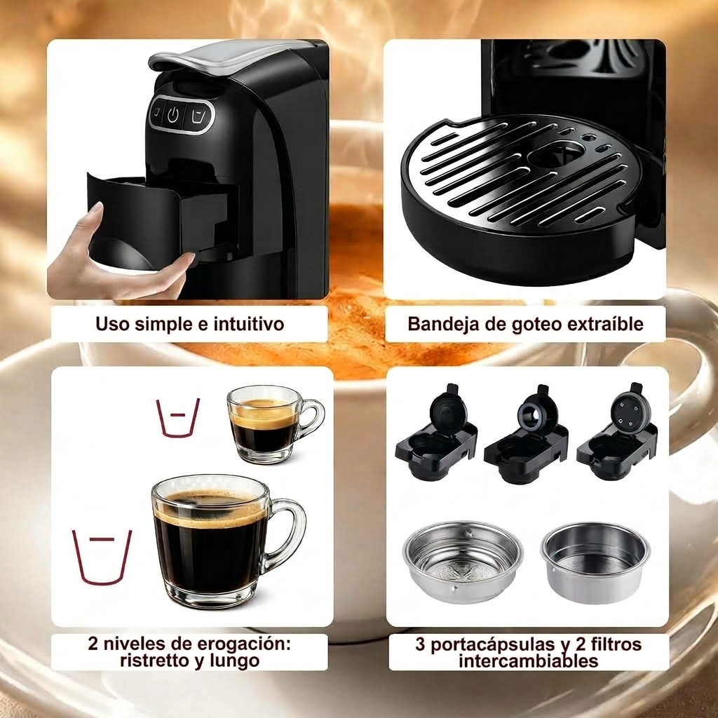 Questa macchina per caffè espresso multifunzione ha una pressione di 20 bar ed è compatibile con capsule, dischetti di caffè e caffè macinato. Vanta una potenza di 1400 watt, un serbatoio dell'acqua da 700 ml e permette la preparazione di caffè Ristretto 