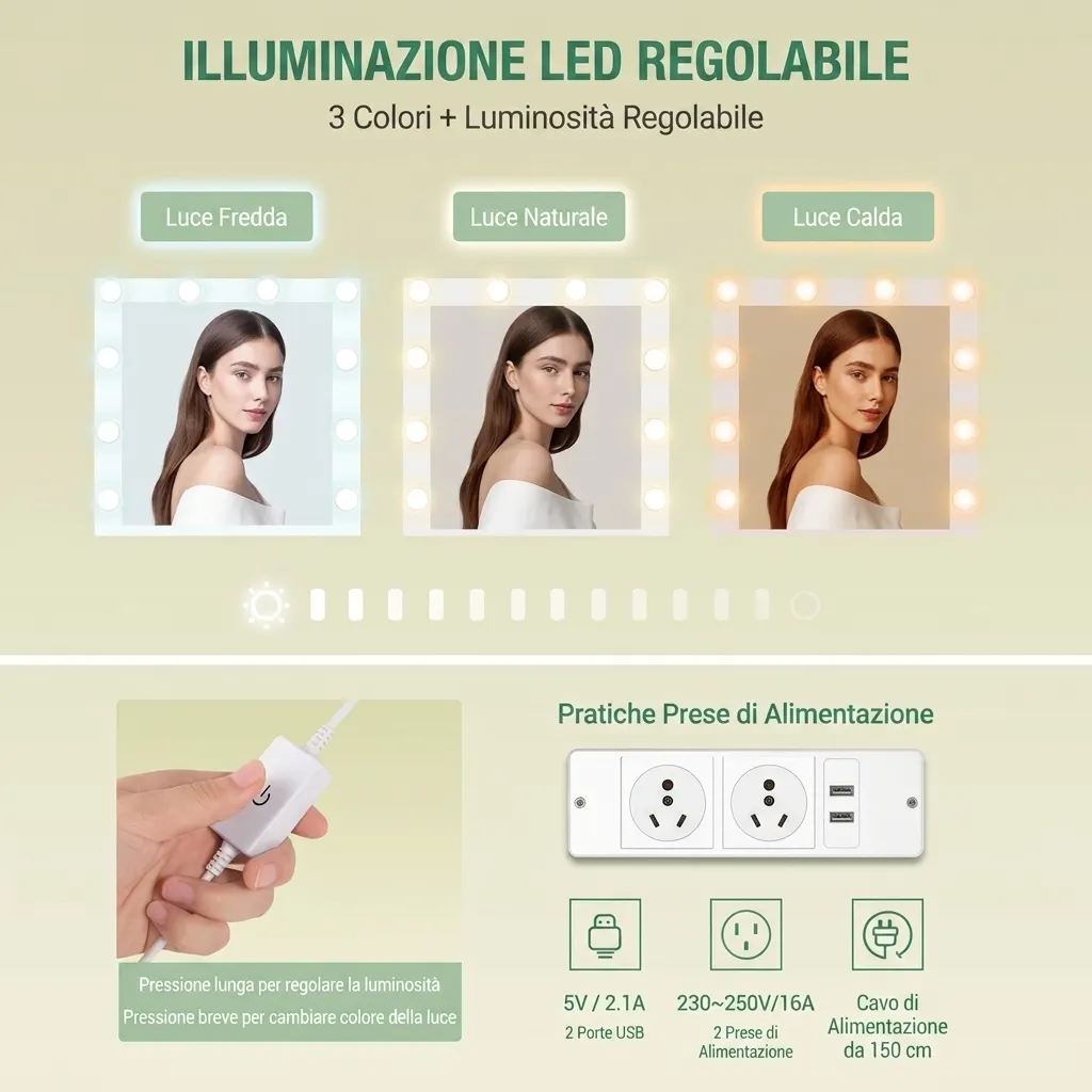 Questo mobile da bagno è dotato di luce a LED, presa di corrente e supporto per asciugacapelli; vanta un ampio piano di lavoro di 108 cm e due grandi cassetti con scomparti per riporre i gioielli.
