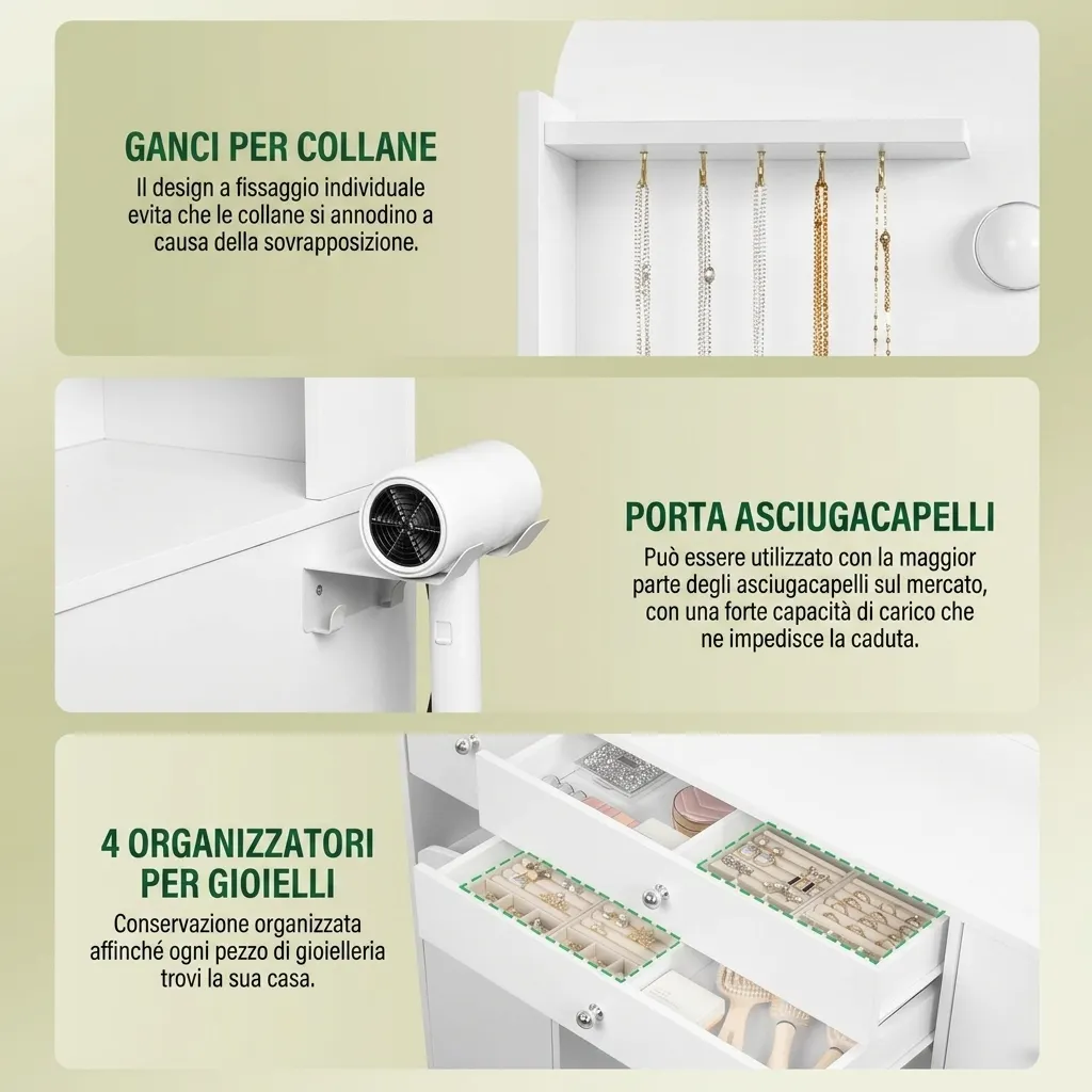 Questo mobile da bagno è dotato di luce a LED, presa di corrente e supporto per asciugacapelli; vanta un ampio piano di lavoro di 108 cm e due grandi cassetti con scomparti per riporre i gioielli.