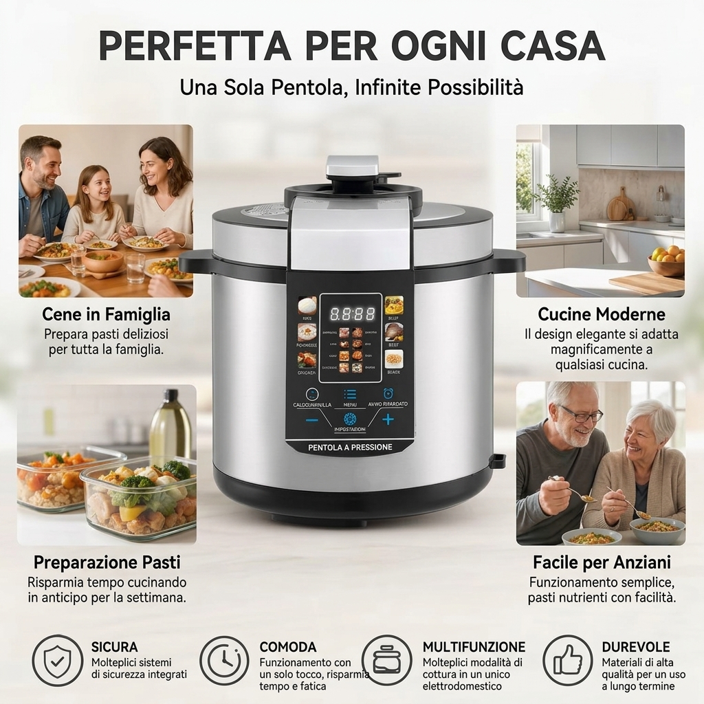 Pentola elettrica multifunzione da 6 L con sistema di sicurezza, facile da pulire, cottura rapida, per stufato di manzo al borgogna, brasato, blanquette di vitello, lenticchie verdi, salsiccia alle lenticchie, fagioli bianchi, risparmio di tempo in c