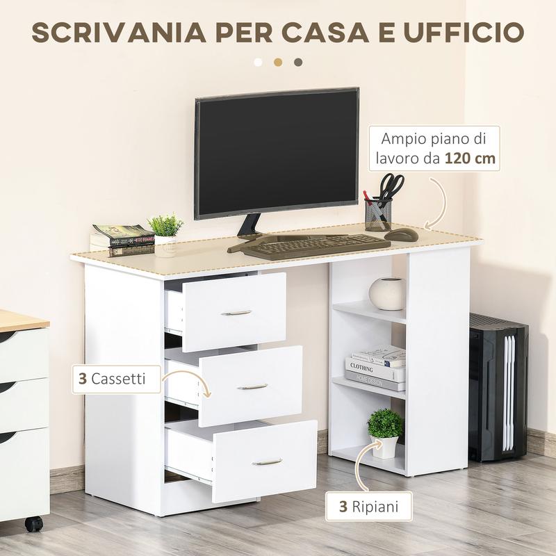 Scrivania con 3 Cassetti e 3 Ripiani, Salvaspazio, per Ufficio e Camera, Bianca 120x49x72 cm