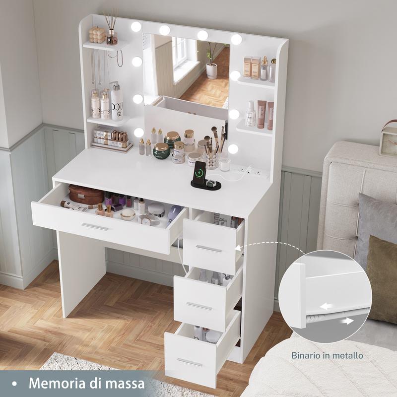 Tavolino da toeletta con specchio e illuminazione, tavolini da trucco dressing tables con presa, tavolino da toeletta con 4 cassetti, 4 ripiani aperti, 5 ganci per gioielli per camera da letto, bianco