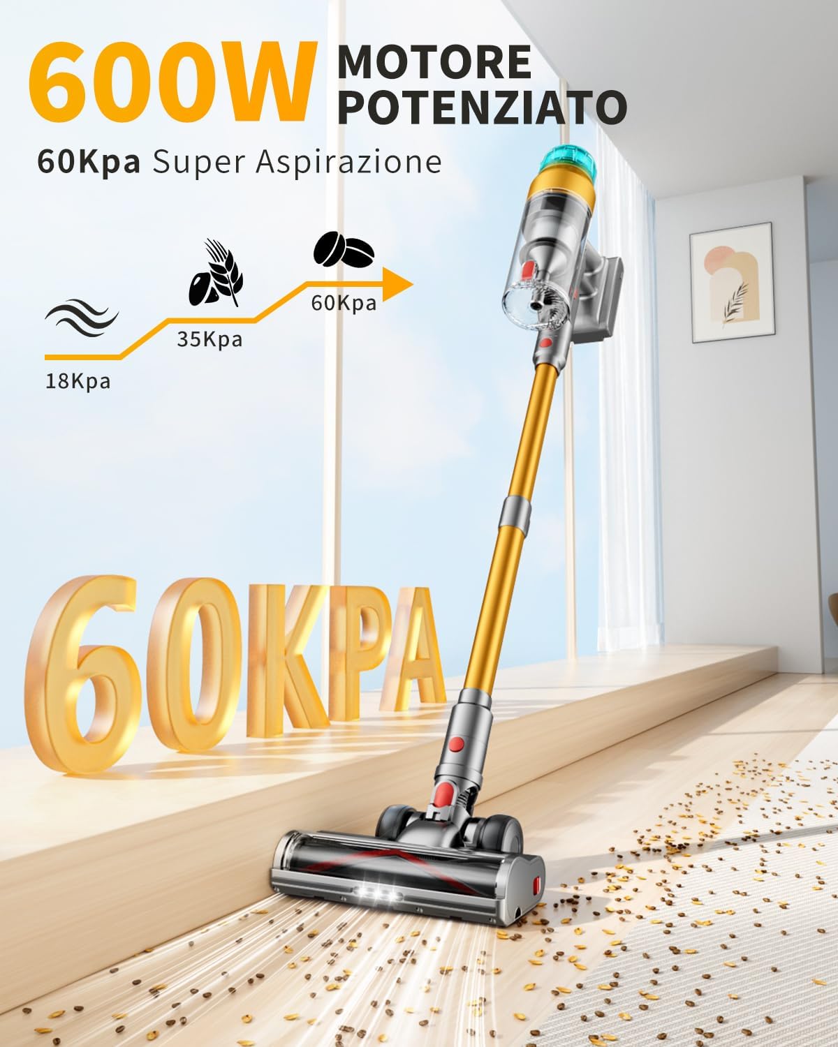 Aspirapolvere a bastone senza fili da 55 kPa con schermo touch LED, autonomia di 60 minuti, 3 modalità di velocità, pulitore profondo leggero per legno massello, tappeti e pelo degli animali domestici