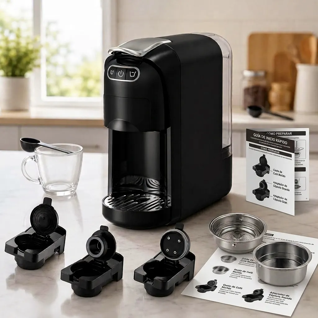 Questa macchina per caffè espresso multifunzione ha una pressione di 20 bar ed è compatibile con capsule, dischetti di caffè e caffè macinato. Vanta una potenza di 1400 watt, un serbatoio dell'acqua da 700 ml e permette la preparazione di caffè Ristretto 