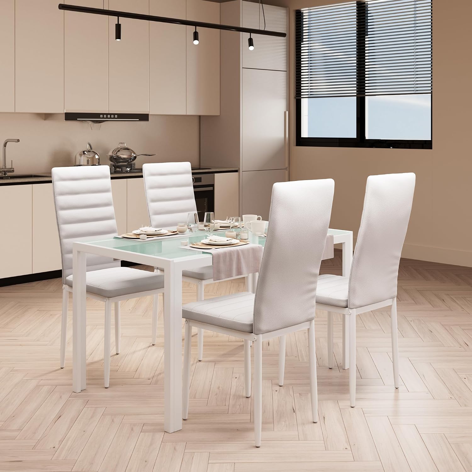 Set Tavolo da Pranzo con 4 Sedie Nere, Piano in Vetro Temperato, Design Moderno per Cucina, Sala da Pranzo e Soggiorno
