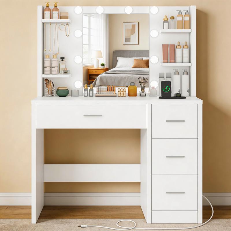 Tavolino da toeletta con specchio e illuminazione, tavolini da trucco dressing tables con presa, tavolino da toeletta con 4 cassetti, 4 ripiani aperti, 5 ganci per gioielli per camera da letto, bianco