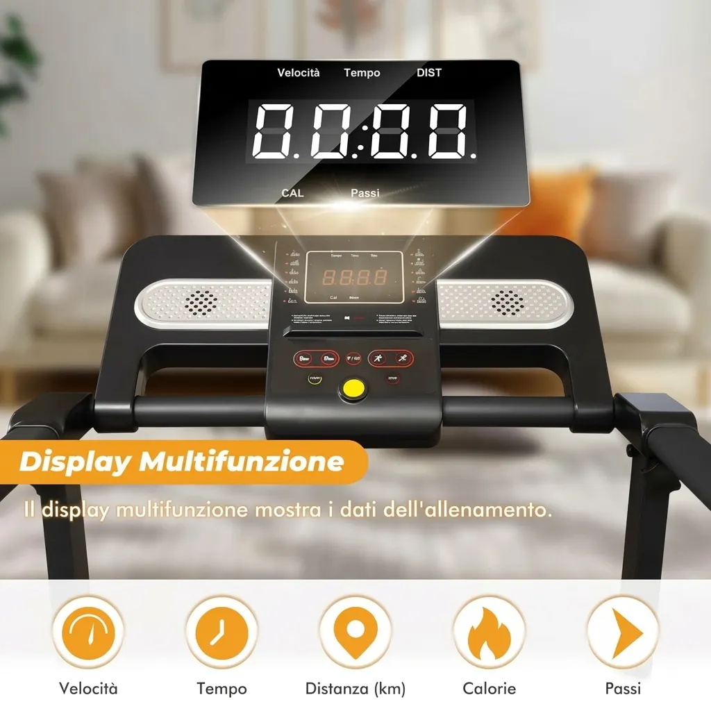 Bluetooth integrato per ascoltare musica mentre corri Tapis roulant pieghevole per uso domestico｜Altoparlante Bluetooth｜Inclinabile Velocità regolabile fino a 12 km/h｜Display LED con supporto per tablet｜Portata massima 150 kg