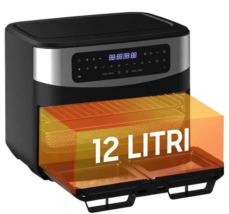 XXL BBQ friggitrice ad aria 12L Dual Zone – 2600W Airfryer con finestra di controllo | doppia camera con divisorio rimovibile & cestini, LED touch, 10 programmi, BBQ da interno, salutare & povero di grassi, spegnimento automatico, nero