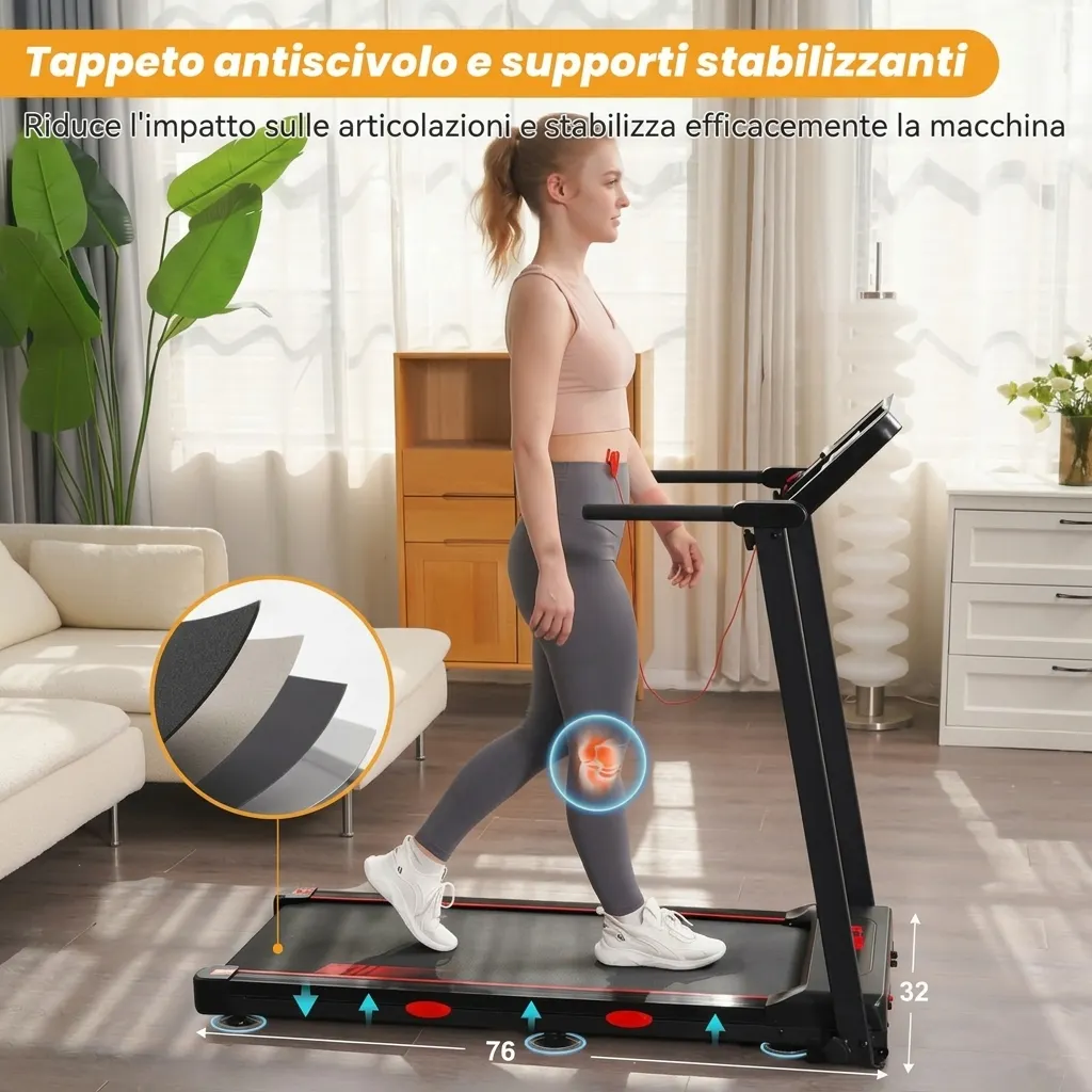Bluetooth integrato per ascoltare musica mentre corri Tapis roulant pieghevole per uso domestico｜Altoparlante Bluetooth｜Inclinabile Velocità regolabile fino a 12 km/h｜Display LED con supporto per tablet｜Portata massima 150 kg