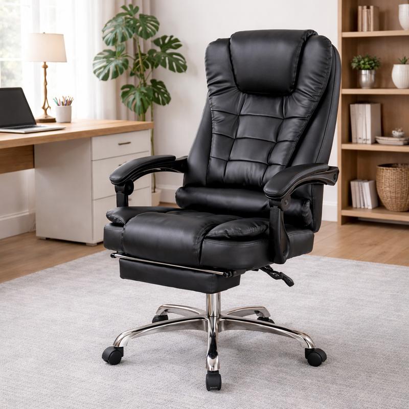 Poltrona Presidenziale con Testina Massaggiante e Poggiapiedi in Ecopelle Nero Comfort Superiore Ergonomico Regolabile USB