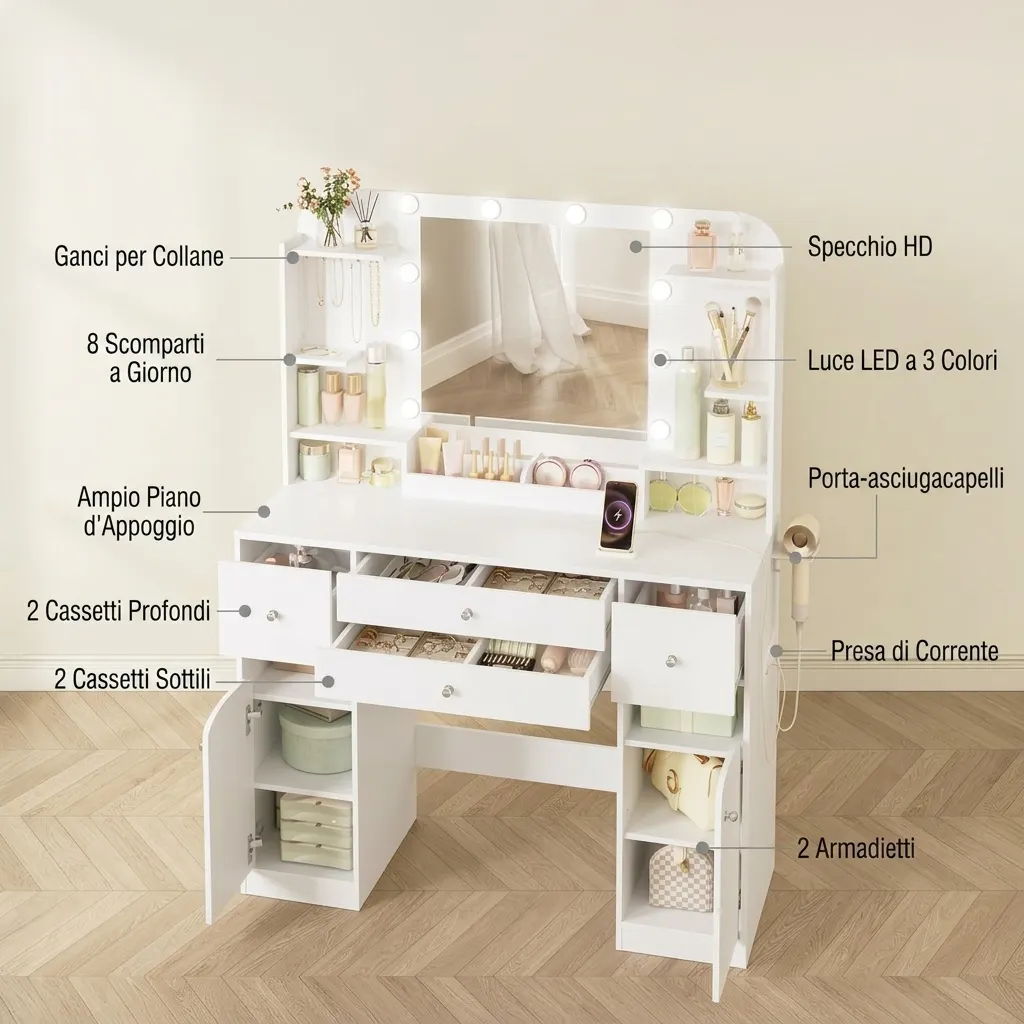 Questo mobile da bagno è dotato di luce a LED, presa di corrente e supporto per asciugacapelli; vanta un ampio piano di lavoro di 108 cm e due grandi cassetti con scomparti per riporre i gioielli.