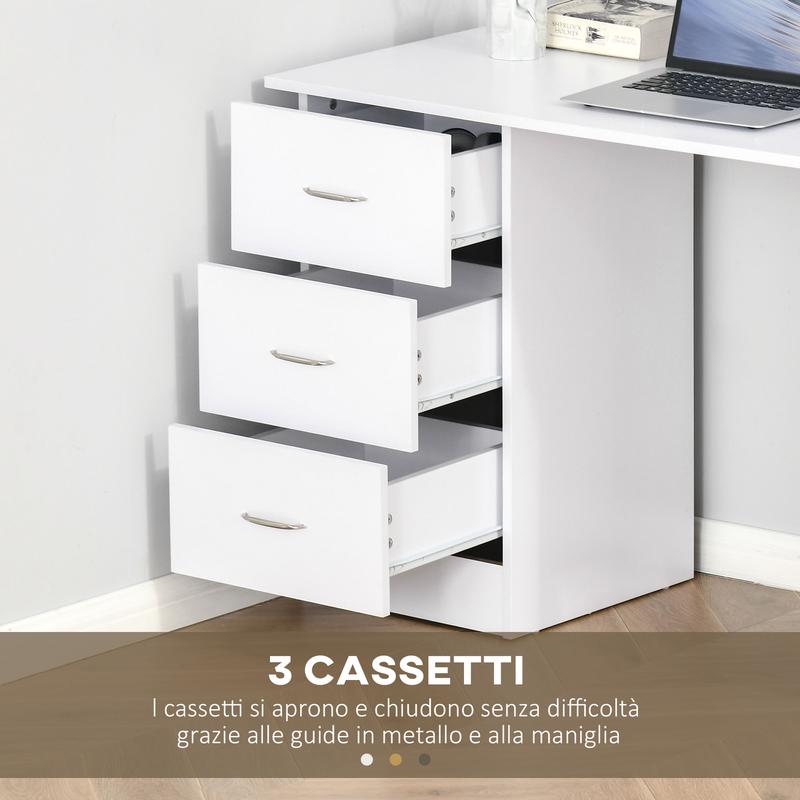 Scrivania con 3 Cassetti e 3 Ripiani, Salvaspazio, per Ufficio e Camera, Bianca 120x49x72 cm