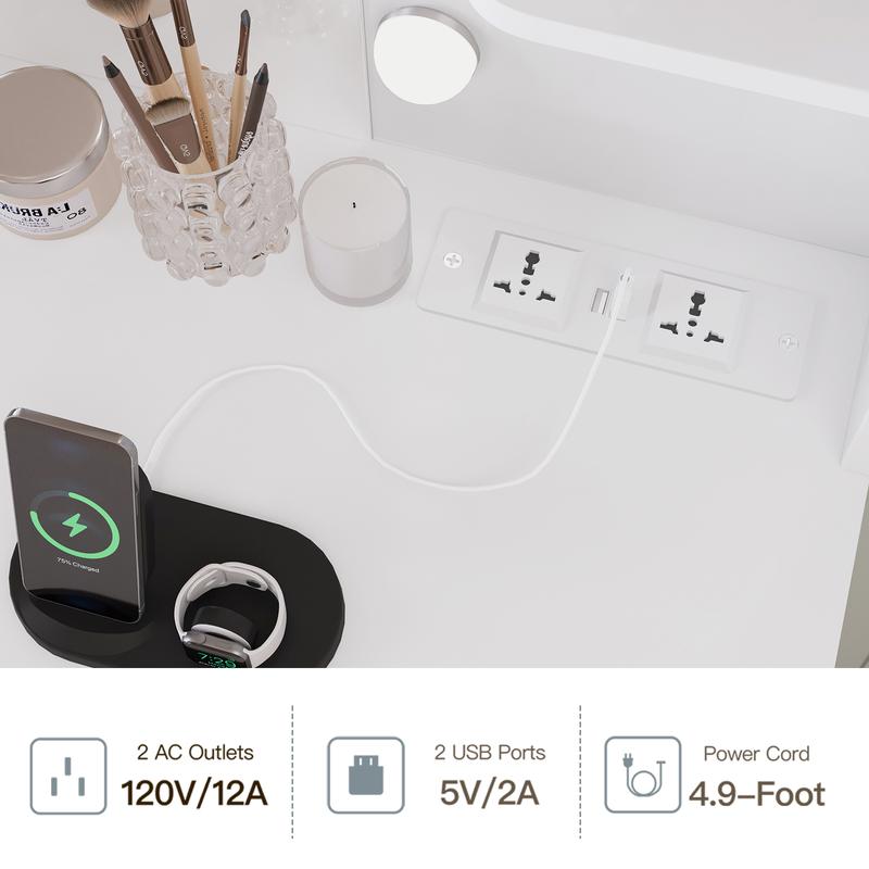 Tavolino da toeletta con specchio e illuminazione, tavolini da trucco dressing tables con presa, tavolino da toeletta con 4 cassetti, 4 ripiani aperti, 5 ganci per gioielli per camera da letto, bianco