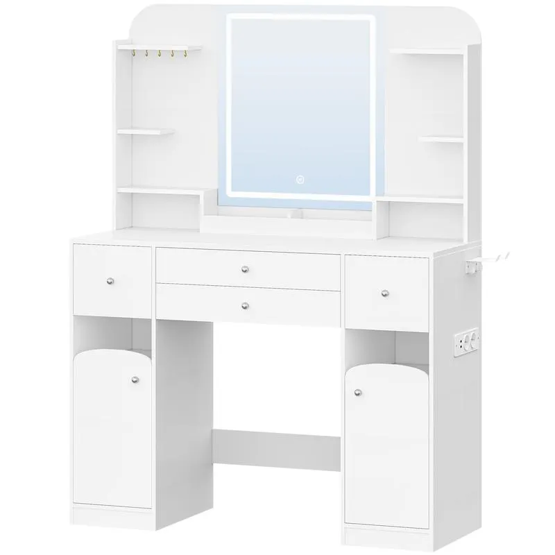 Questo mobile da bagno è dotato di luce a LED, presa di corrente e supporto per asciugacapelli; vanta un ampio piano di lavoro di 108 cm e due grandi cassetti con scomparti per riporre i gioielli.