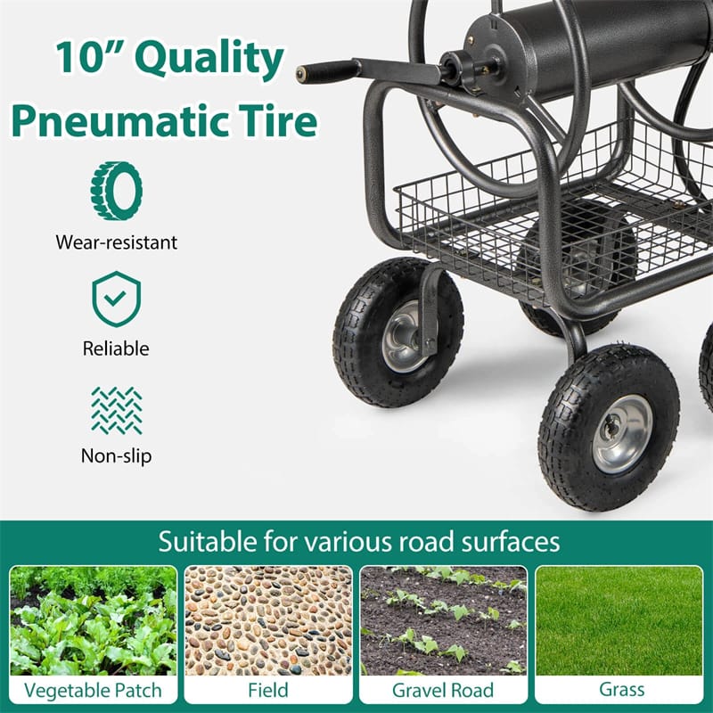 Eletriclife Heavy Duty Metal Garden Hose Reel Cart Holds 300FT of 5/8" Hose Capacity with Wheels & Storage Basket
