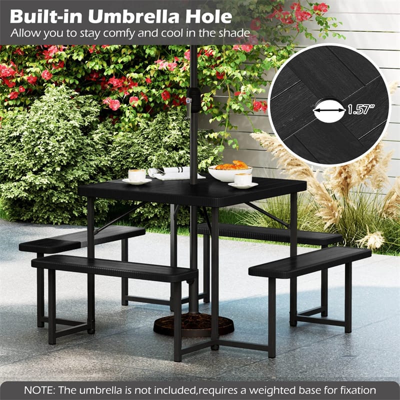 Eletriclife 4-8 Person Outdoor Picnic Table Bench Set All-Weather HDPE Square Tabletop with Umbrella Hole for Patio Backyard