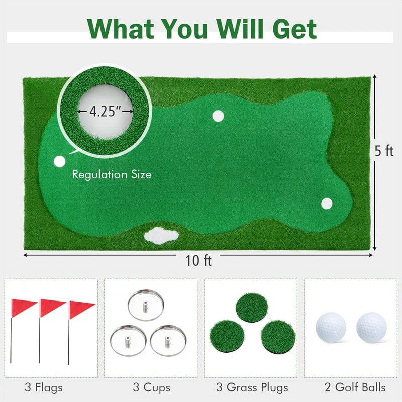 10FT Golf Putting Green Professional Golf Training Mat with 3 Holes for Indoor Outdoor Practice
