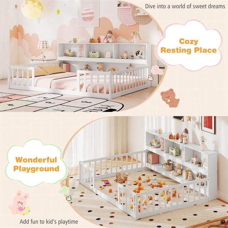 Eletriclife Full Size Montessori Floor Bed with Bookcase & Storage Shelves for Kids