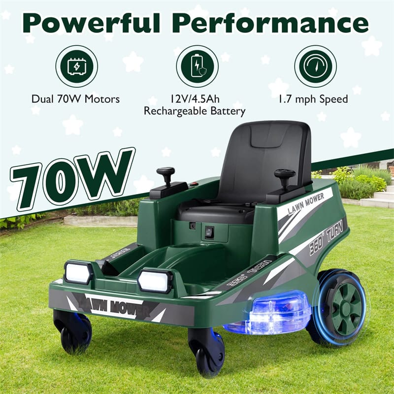 Eletriclife 12V Kids Ride-On Lawn Mower with 360   Twist & Turn, Dual Control Sticks, LED Lights for Toddlers Aged 3-8