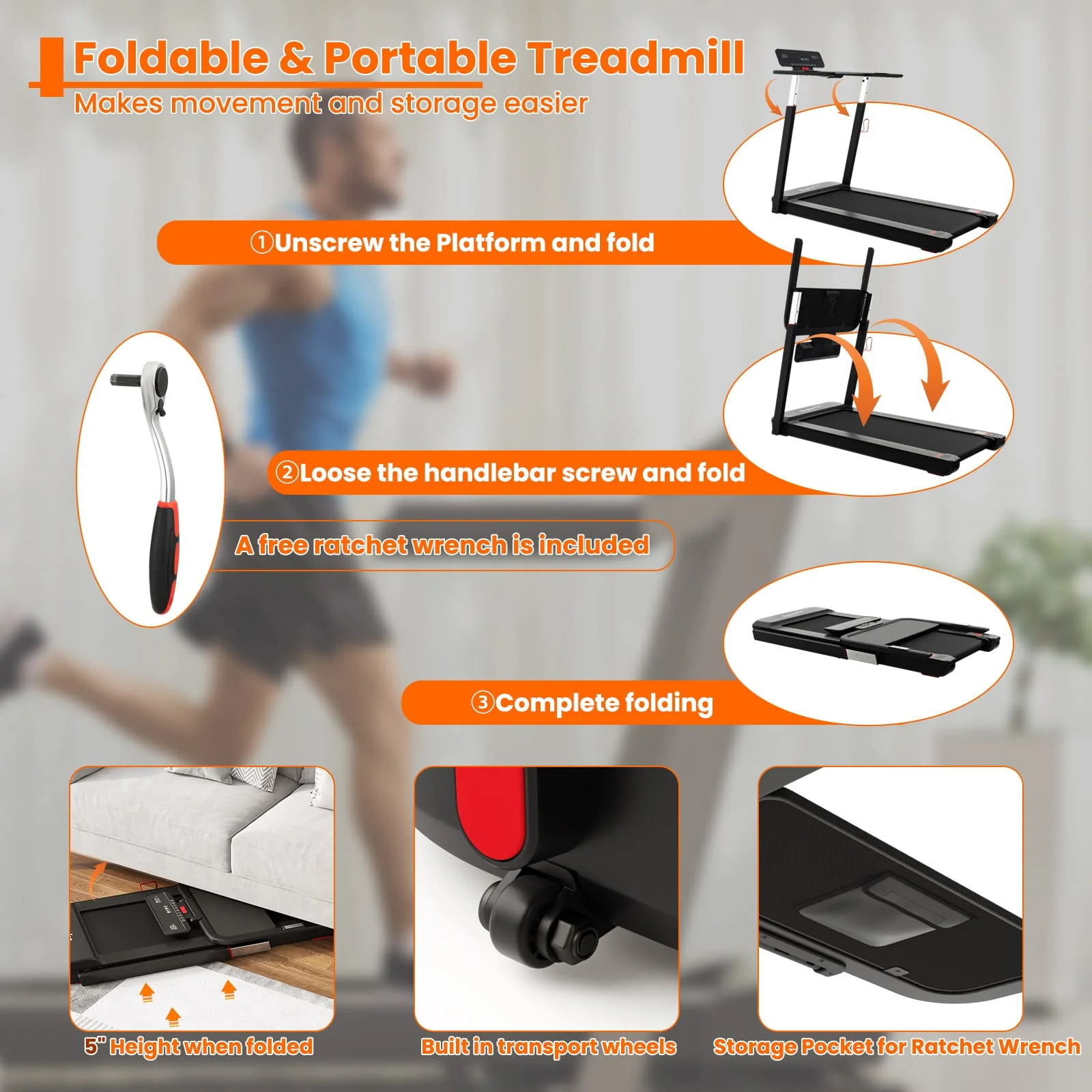 Eletriclife 3HP Folding Treadmill with Adjustable Height and APP Control