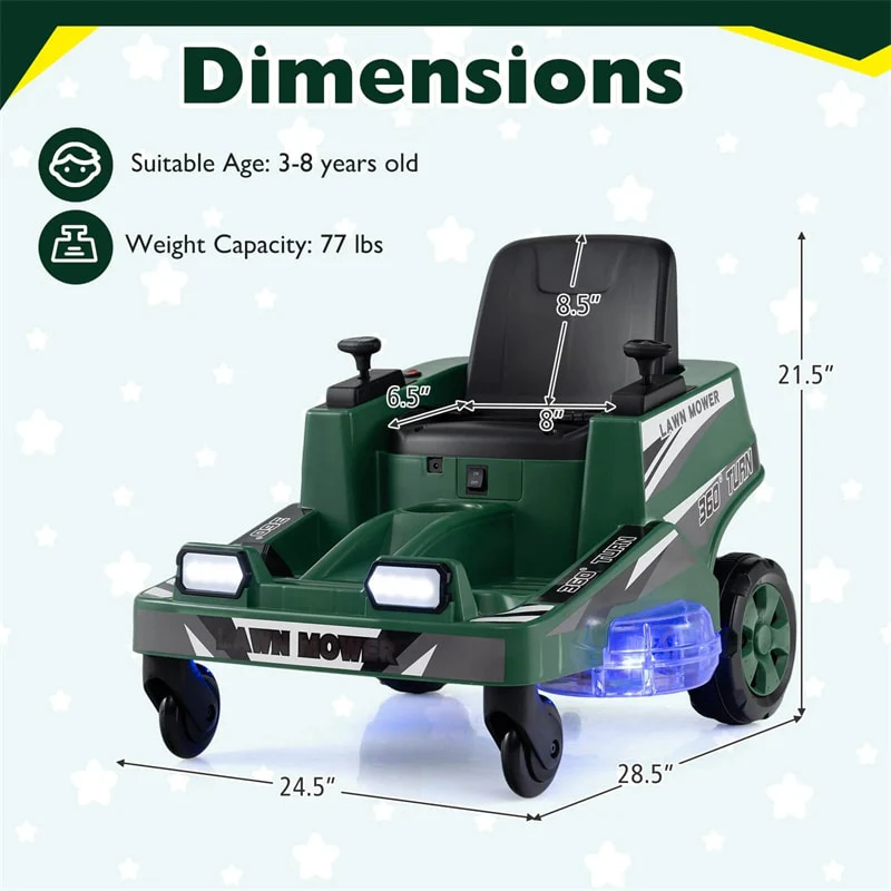 Eletriclife 12V Kids Ride-On Lawn Mower with 360   Twist & Turn, Dual Control Sticks, LED Lights for Toddlers Aged 3-8