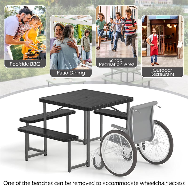 Eletriclife 4-8 Person Outdoor Picnic Table Bench Set All-Weather HDPE Square Tabletop with Umbrella Hole for Patio Backyard