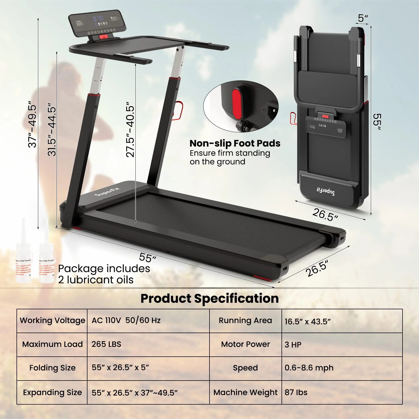 Eletriclife 3HP Folding Treadmill with Adjustable Height and APP Control