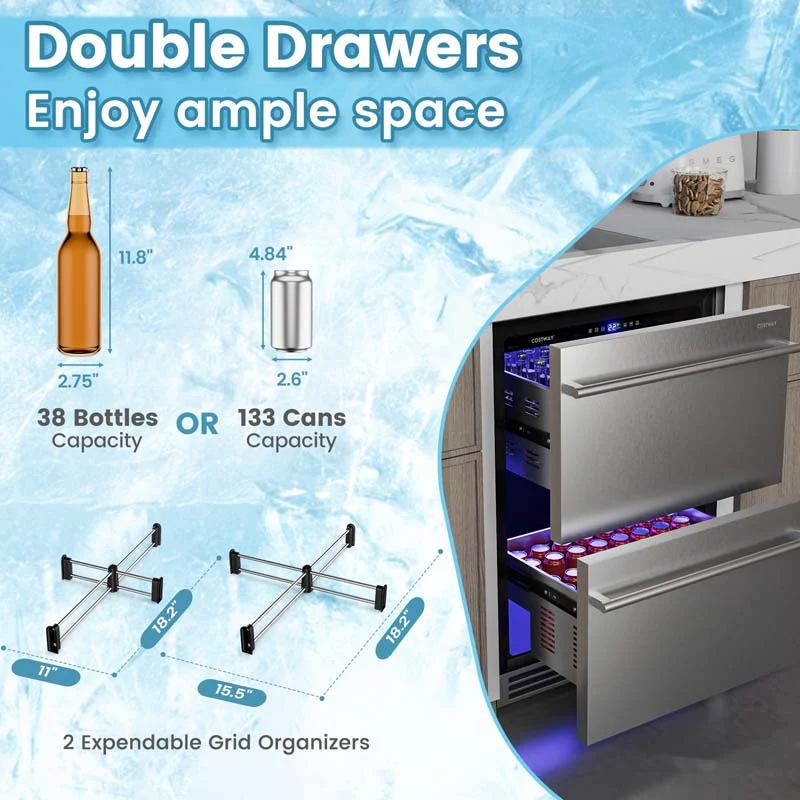 Eletriclife 24 Inch Under Counter Dual Drawer Fridge with 37 H-64 H Temperature Range