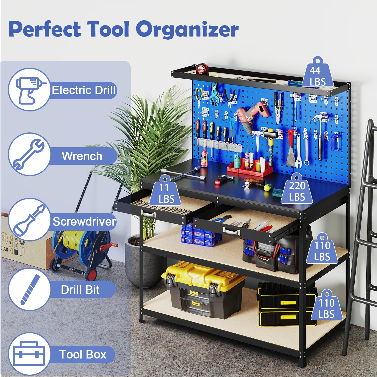 Eletriclife 48 x 24 Inch Workbench Work Table with Pegboard Drawer and Shelves