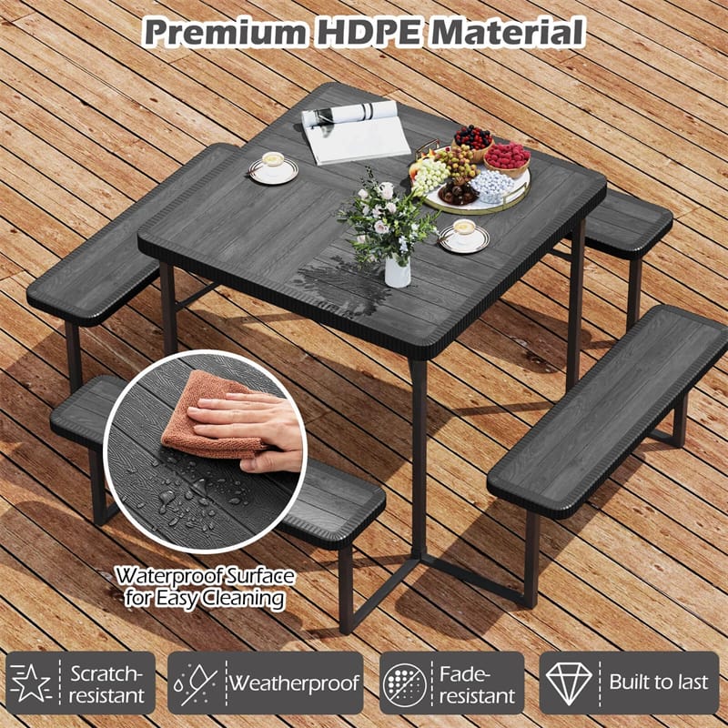 Eletriclife 4-8 Person Outdoor Picnic Table Bench Set All-Weather HDPE Square Tabletop with Umbrella Hole for Patio Backyard