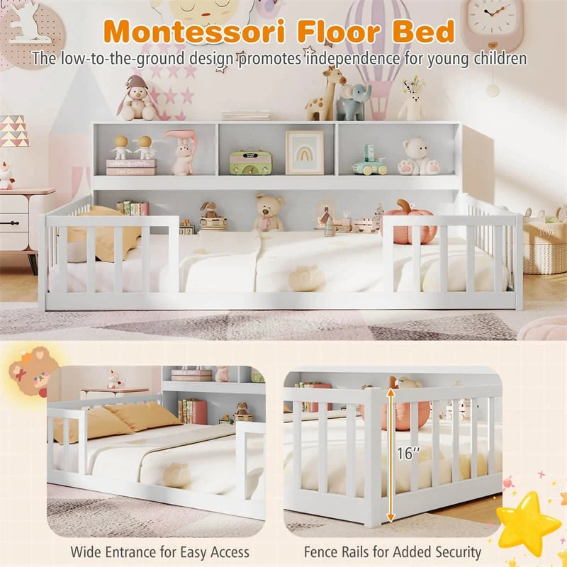 Eletriclife Full Size Montessori Floor Bed with Bookcase & Storage Shelves for Kids