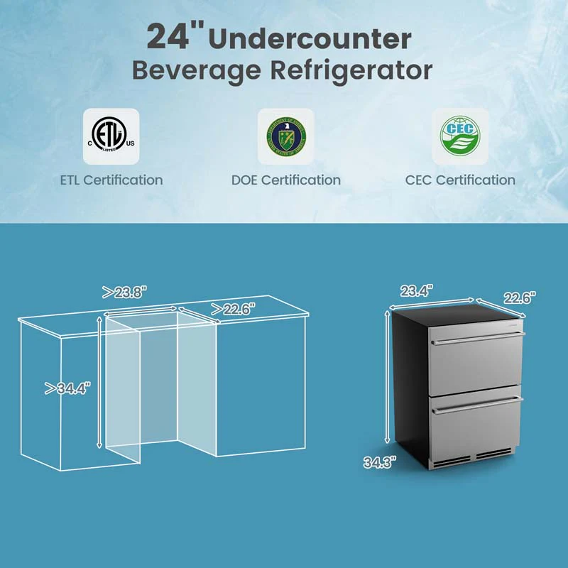 Eletriclife 24 Inch Under Counter Dual Drawer Fridge with 37 H-64 H Temperature Range